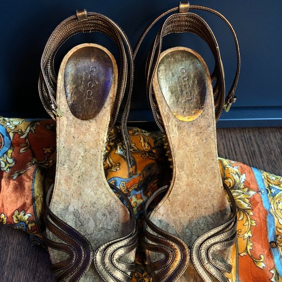 Gucci Brown Leather Studded Cork Wedge Sandals - Picture 9 of 12